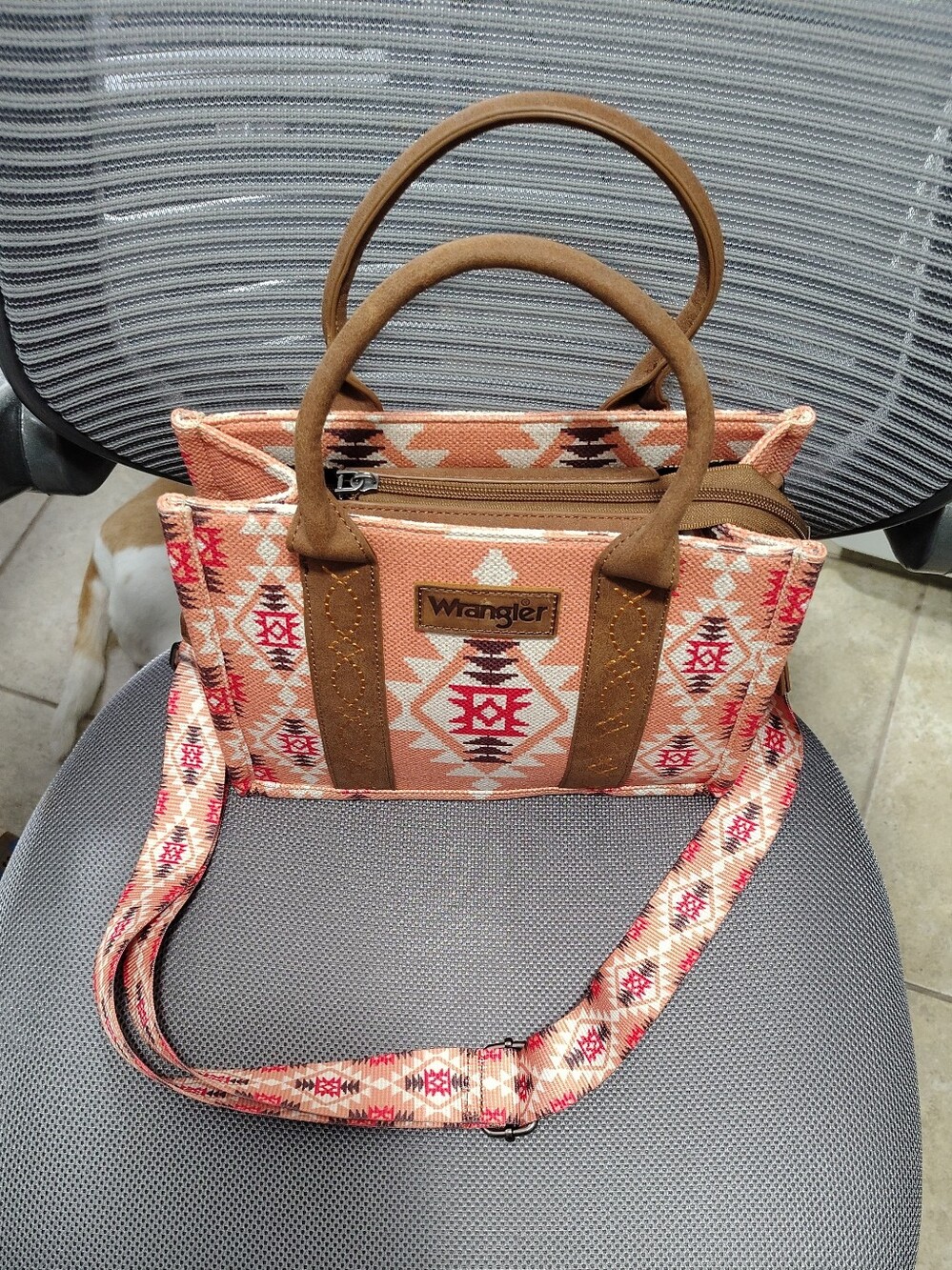 Brand New Wrangler Aztec Canvas Satchel with Brown Trim and Crossbody Strap
